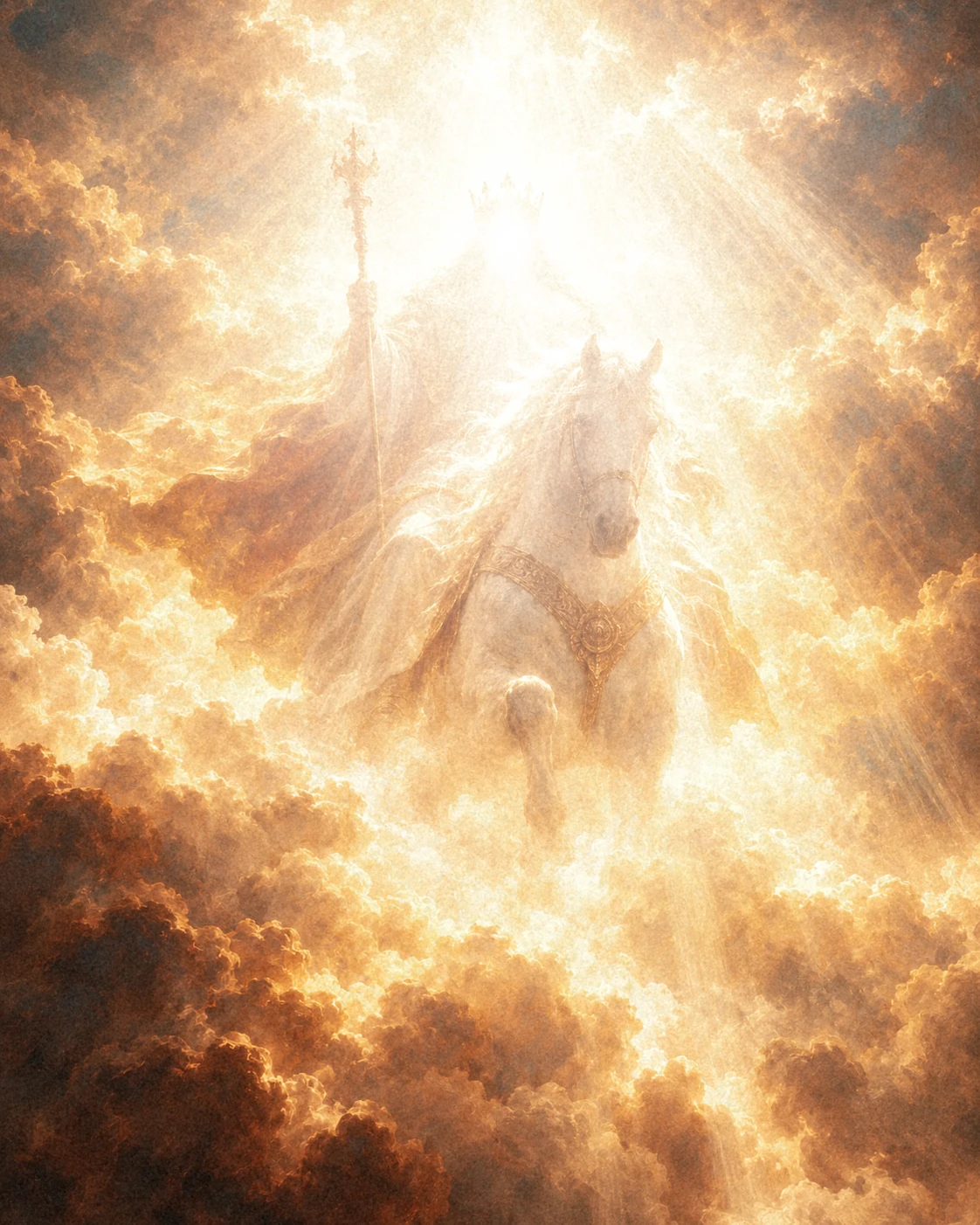 Representação artística da majestade de Jesus Cristo entre nuvens de luz dourada